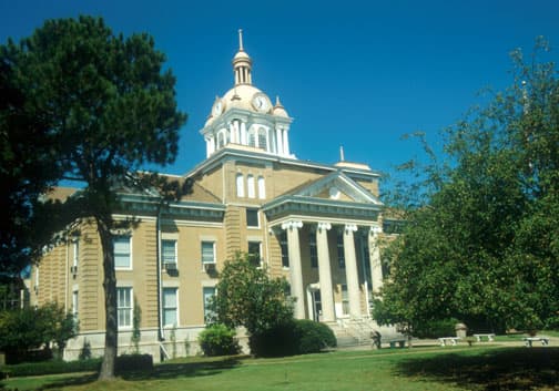 Fayette County Courthouse in downtown Fayette, Alabama — the west Alabama county seat six miles northwest of Fayette County Public Fishing Lake
