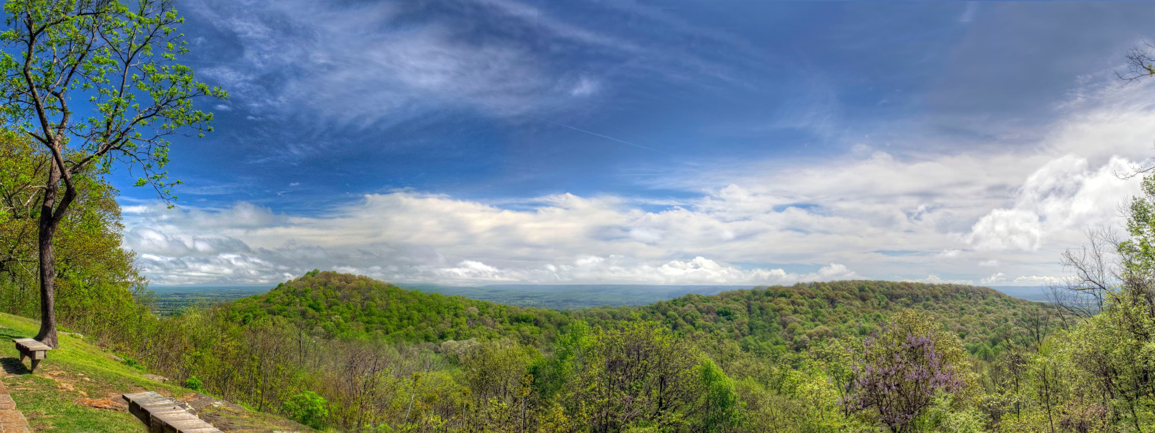 Monte Sano State Park overlook in springtime above Huntsville, Alabama — the Tennessee Valley landscape surrounding Madison County Public Fishing Lake near Gurley